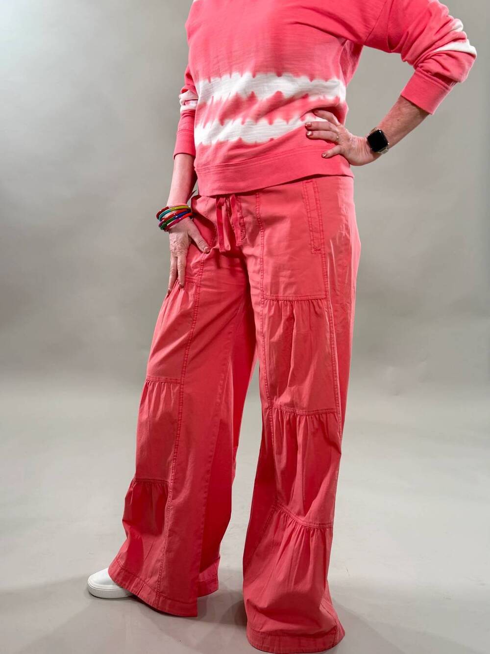 NEW WEARABLES tiered travel pants in coral